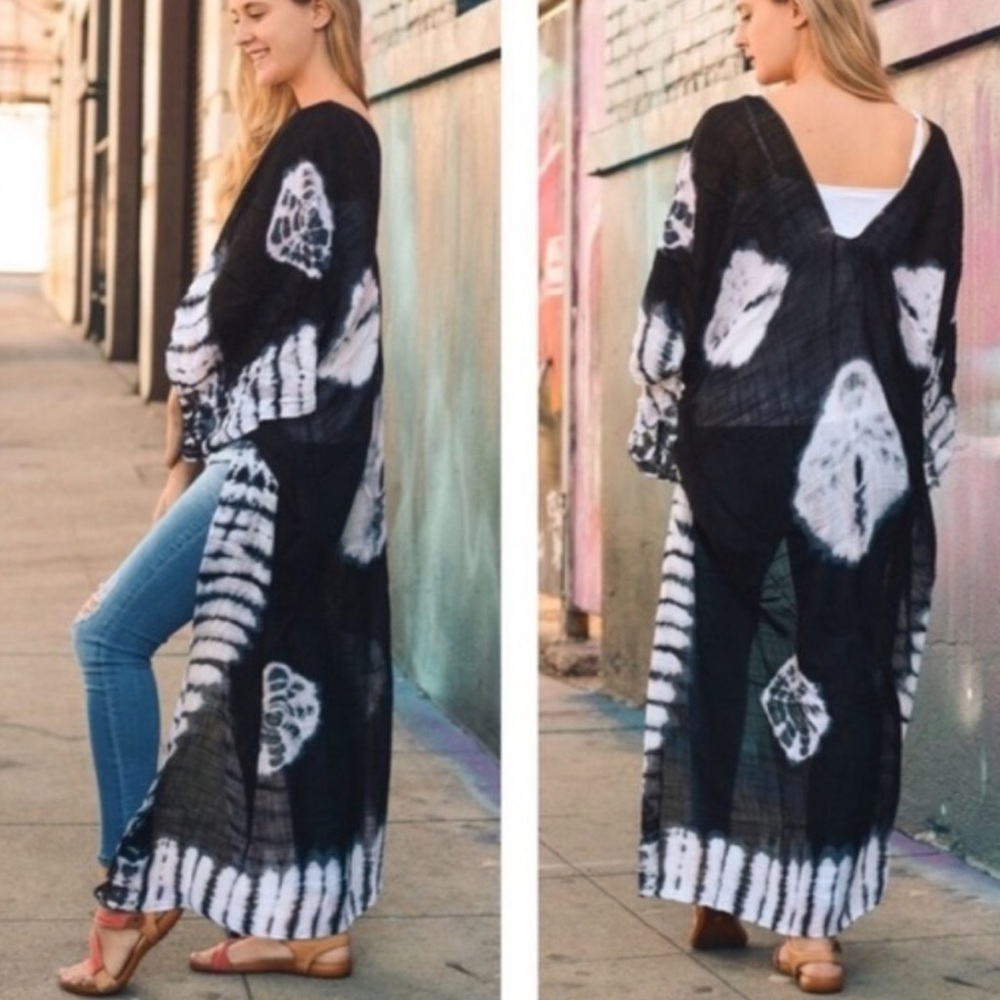 Black Tie Dyed Long Kimono / Cover up - Picture 2 of 4